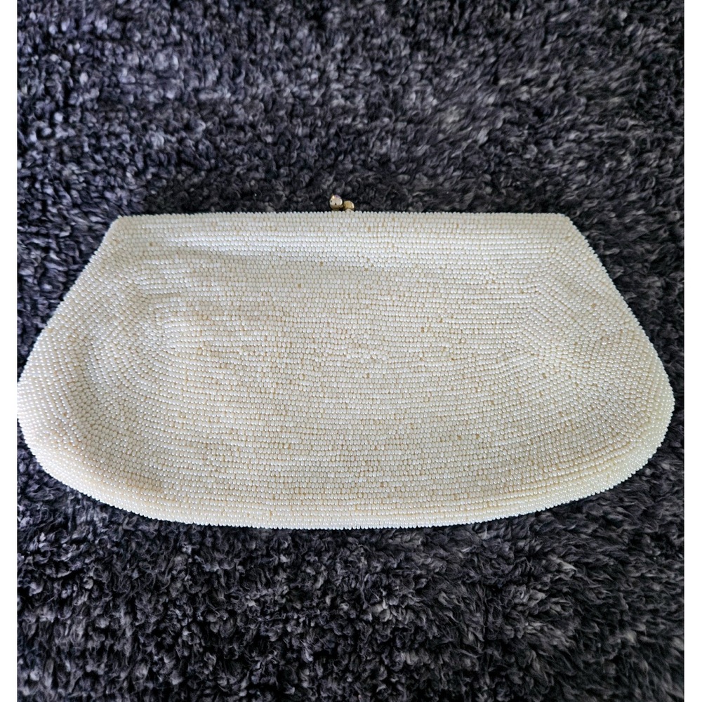 Mantessa Beaded Clutch Ivory Scroll Evening Bag Made Japan Bridal 1950 Vintage - Picture 2 of 7